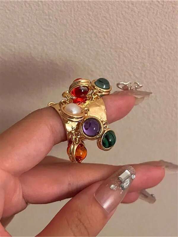 1pc Exaggerated Retro Colorful Acrylic Pearl Tassel Adjustable Open Ring, Women Jewelry Party Accessories