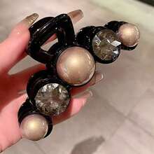 1pc New Pearl Crystal Rhinestone Hair Claw, Oversized Shiny Hair Claw Clips - Black - View 1
