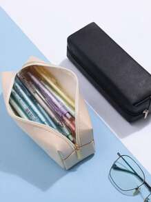 1pc Minimalist Zipper Storage Bag, Portable & Practical Student Stationery Organizer, Suitable For Office Supplies, Cosmetics, Back To School Gift, PU Leather Pencil Case - Multicolor - View 10