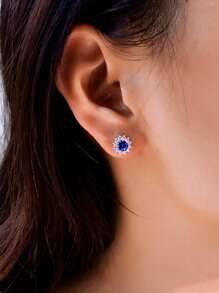 1 Pair 925 Sterling Silver Round Blue & Purple Cubic Zirconia Big Flower Stud Earrings For Women, Daily, Party, Wedding, Pageant Jewelry Gift
