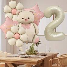 Set de 8 piezas, número 1,2,3,4,5 de 32 pulgadas en color marfil y oso de peluche rosa, oso con lazo, globo de aluminio con margaritas vintage, globo estrella de feliz cumpleaños, decoraciones reutilizables para fiesta de cumpleaños