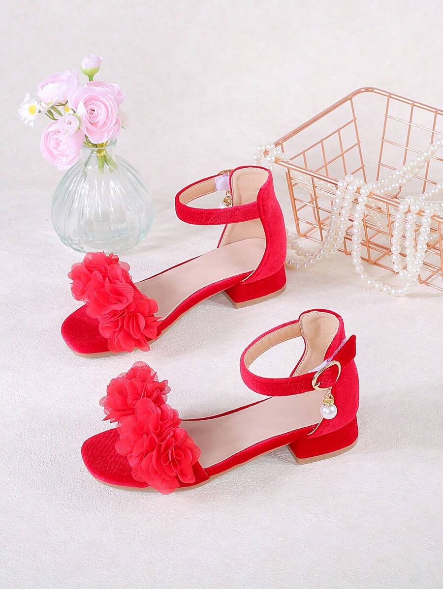 1 Pair Girls' Fashionable And Cute Red Flower High Heel Sandals, Suitable For Summer