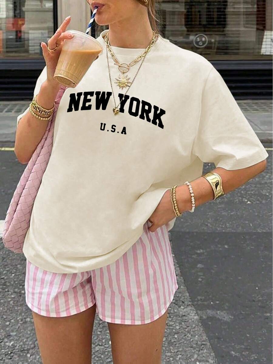 纽约印花女式休闲宽松大码短袖上衣夏季