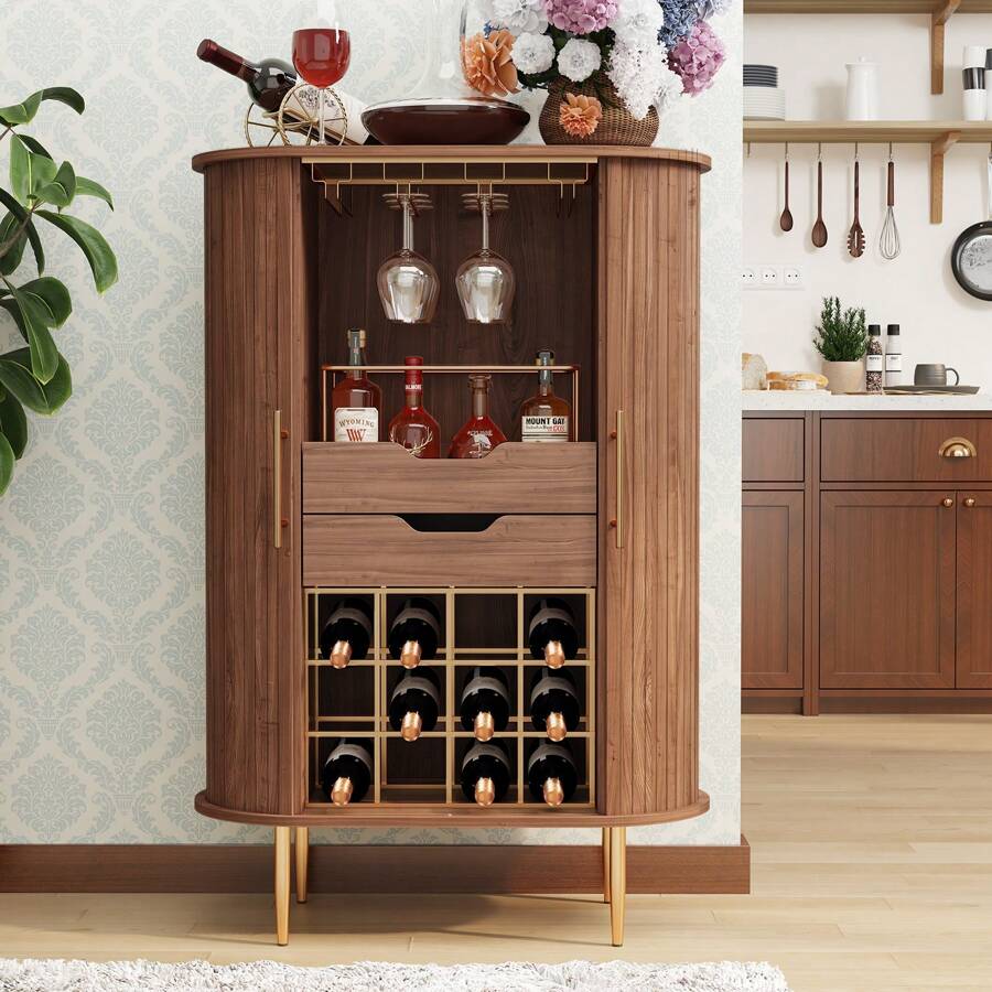Bar Cabinet With Tambour Door, Wood Liquor Cabinet With 16 Wine Rack And Glass Holder, Coffee Bar Station For Home, Living Room - Brown - View 1
