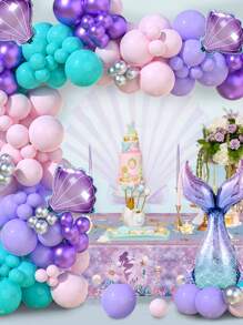 80pcs Purple Mermaid Balloon Garland Arch Kit&4pcs Aluminum Foil Purple Shell&1pc Aluminum Foil Purple Fishtail&2pcs Balloon Accessories, Pastel Pink Purple Teal Blue Clear Latex Balloon With Mermaid Tail Seashell Foil Balloon, For Mermaid Party Decorations Ocean Theme Birthday Party Supplies, Babe Shower Party Backdrop Decorations