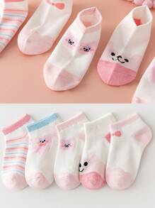 5 双女孩薄款网眼短袜，带有卡通动物和条纹图案，透气，适合春夏季，3-12 岁，可爱舒适的日常穿着 - 粉色 - 查看 2