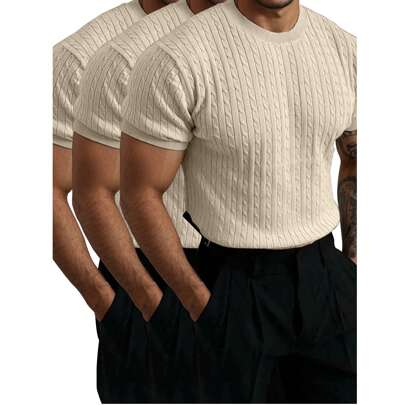 3-Pack Men's Summer Round Neck Pullover Short-Sleeved Knitted Striped Tops Are Suitable For Daily Travel Wear And Can Be Used As Gifts For Boyfriends,