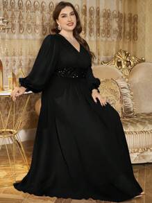 SUPGIR Plus V-Neck Ruched Sequin Waist Long Lantern Sleeve Long Chiffon Dress, Party Dress, Wedding Guest Dress, Formal Dress, Evening Dress,Gown - Black - View 5