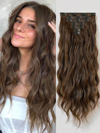 Extensiones de cabello con clip negro marrón, 16 clips, 22 pulgadas de largo, cabello liso, extensiones de cabello sintético de 7 piezas para todo el cabeza de las mujeres