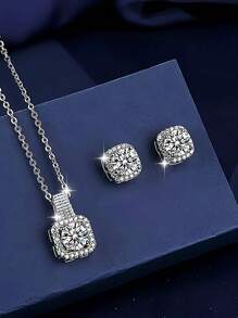 3 件闪亮耳环和项链套装，极简主义奢华风格，适合日常佩戴和节日 - 方形耳環項鍊套裝 - 查看 1