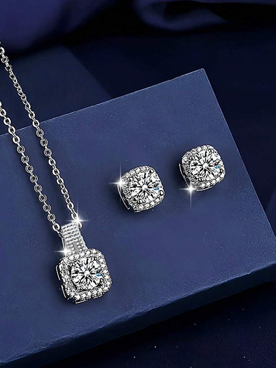 3 件闪亮耳环和项链套装，极简主义奢华风格，适合日常佩戴和节日 - 方形耳環項鍊套裝 - 查看 1