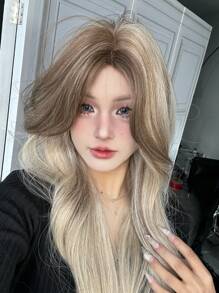Gradient Long Curly Grey Mixed Brown Wig For Women Soft Loose Wave Wig With Curtain Bangs Fluffy Natural Synthetic Heat Resistant Fiber For Charming Girls Daily Party Use 26 Inch