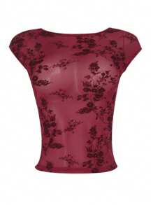 女士花卉植绒网眼透视短款上衣，复古风格 - 酒紅色 - 查看 3