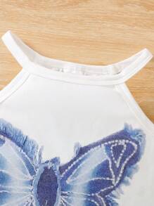 2 Pieces Girl's Outdoor Casual Sports Jogging Running Outfit For Elementary School, Includes Sleeveless White Top With Butterfly Print And Elastic Waist Denim-Effect Flared Pants, Lightweight Summer Wear For Young Girl