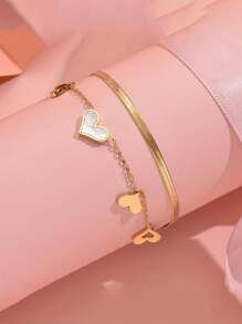 1pc High-Quality Titanium Steel Non-Fading Hollow Heart Layered Anklet Women - Gold - View 2