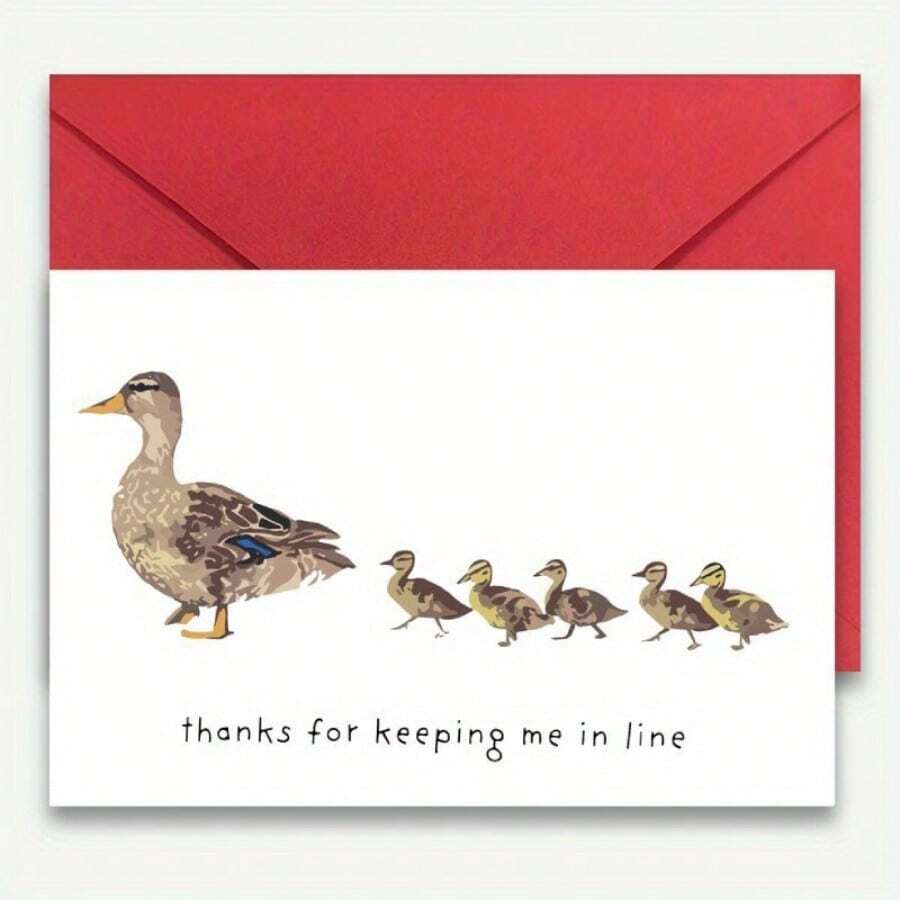 1pc Humorous Mother's Day Watercolor Duck Card With Envelope – "Thanks For Keeping Me In Line" – Adorable Duck Family Design, Perfect Thank You Gift For Mom From Son Or Daughter, Ideal For Mother's Day, Birthdays, Or Greetings - Multicolor - View 1