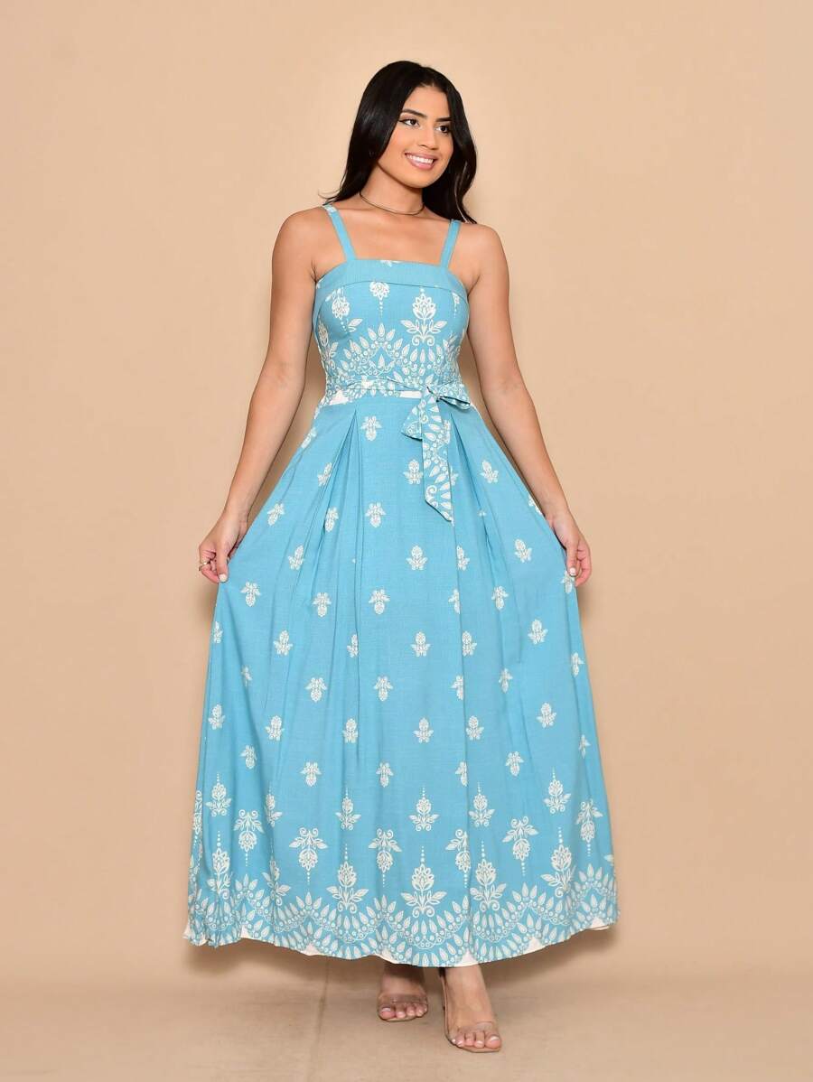 Long Dress With Printed Viscose Lastex Straps On The Back - Mint Blue - View 1
