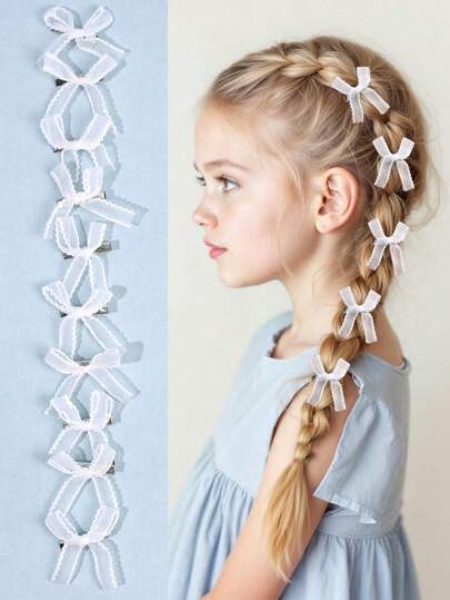 10 件装女孩可爱纯色米色蕾丝柔软蝴蝶结发夹，适合生日派对和日常美容装饰