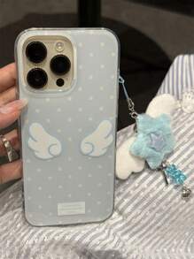 Funda de teléfono con diseño de lunares azules y alas, compatible con iPhone 17, 16, 15, 14, 13 Pro Max, con colgante suave de estrella azul, funda trasera suave y linda para niña