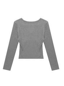 Lace Patchwork Single-Breasted Long Sleeve Mock Layered T-Shirt Top - Grey - View 2