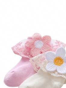 Infant Baby Girls Ruffle Socks, Sweet Eyelet Frilly Lace Princess Ankle Socks With Sunflower Applique - Pink - View 2