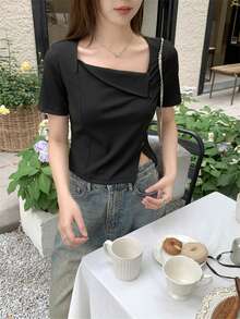 Women Asymmetrical Square Neck Split Shoulder Summer Blouse