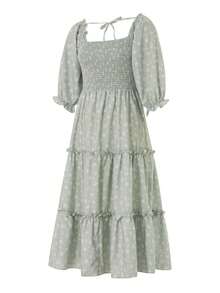 Mommy And Me Matching Dresses Short Sleeve Square Neck Print Dress Family Matching Sundress Outfits, Mother Daughter Matching Dresses, Family Matching Outfits - 媽媽綠 XL - 查看 8