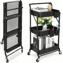 Foldable 3 Tier Metal Utility Rolling Cart, Folding Mobile Multi-Function Storage Trolley Organizer Cart For Home Library Office(Black) - Black - View 1