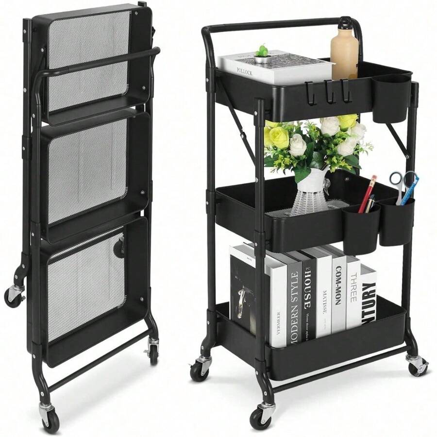 Foldable 3 Tier Metal Utility Rolling Cart, Folding Mobile Multi-Function Storage Trolley Organizer Cart For Home Library Office(Black) - Black - View 1
