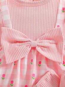 女婴甜美时尚可爱千鸟格图案圆领泡泡袖连体衣，配蝴蝶结荷叶边裙、白色罗纹腿套和千鸟格头带，夏季 - 粉色 - 查看 4