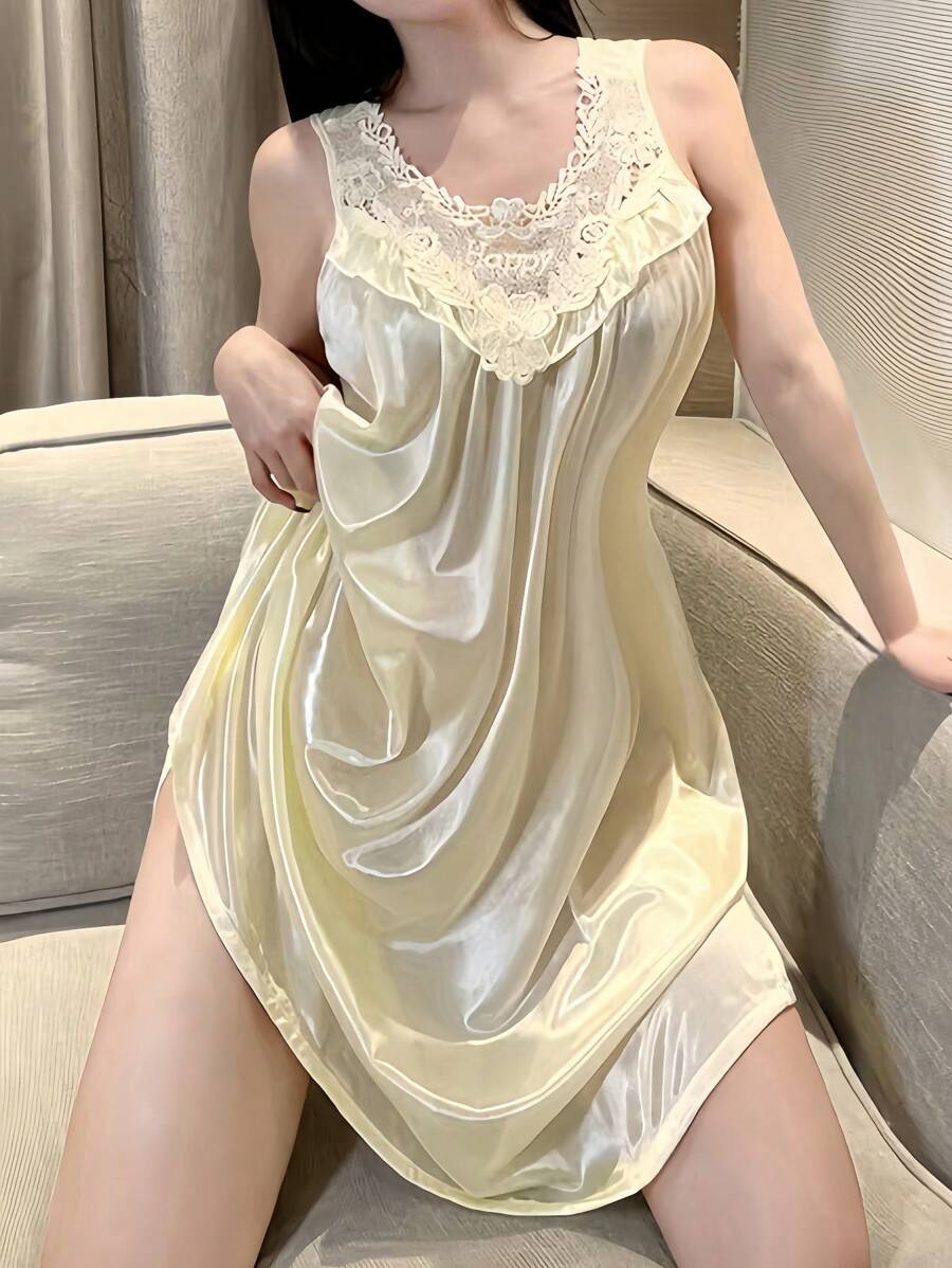 Sophisticated Comfort] Elegant Purple Satin Nightgown With Lace Trim, Sleeveless Round Neck Vest Dress For Women – Comfortable And Stylish Sleepwear - 香檳色 - 查看 1