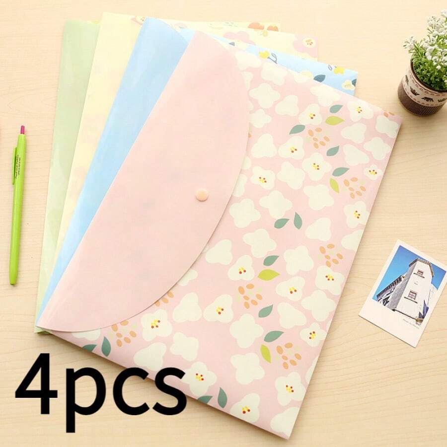 Set de 4 carpetas horizontales de documentos tamaño A4 con diseños de dibujos animados, 4 colores, bolsas organizadoras de archivos impermeables de PP con botón a presión - 4 piezas 4 colores - Ver 1