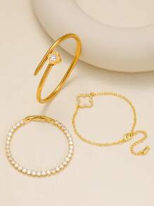 优雅闪亮时尚四叶草锆石不锈钢锆石四叶草手链套装，适合日常佩戴或作为礼物赠送朋友