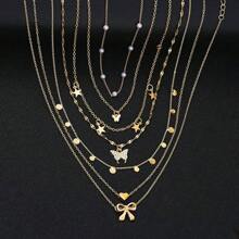 7 件套时尚优雅人造珍珠水晶心形蝴蝶星形圆盘吊坠多层项链，适合女士，节日、派对、约会、周年纪念、日常佩戴的理想礼物，高性价比珠宝，快速发货 - 金黃色 - 查看 3