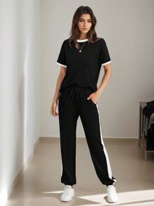 SANOPY Womens 2 Piece Outfits  Summer Tracksuit Sets Short Sleeve Tops Long Pants Jogger Lounge Set - 黑色 - 查看 3