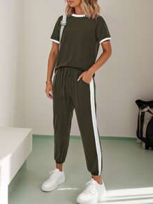Womens 2 Piece Outfits  Summer Tracksuit Sets Short Sleeve Tops Long Pants Jogger Lounge Set - 軍綠色 - 查看 3