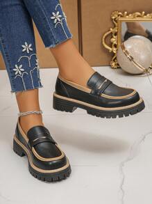 2026新款圆头休闲双色防滑厚底撞色套脚户外乐福鞋，女款，学生鞋 - 黑/米黃 - 查看 3