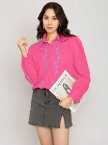 Camisa lisa con bordado floral casual para mujer de moda - Rosa - Ver 2