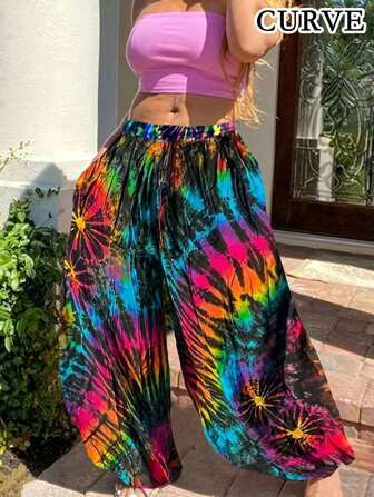 Plus Women's Loose Tie Dye Drawstring Wide Leg Pants