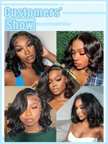 无胶假发波浪短发波波头假发真人头发 4x4 蕾丝闭合黑色 150% 密度 4*4 透明蕾丝前假发女士（8-16 英寸） - Natural Black - 查看 6