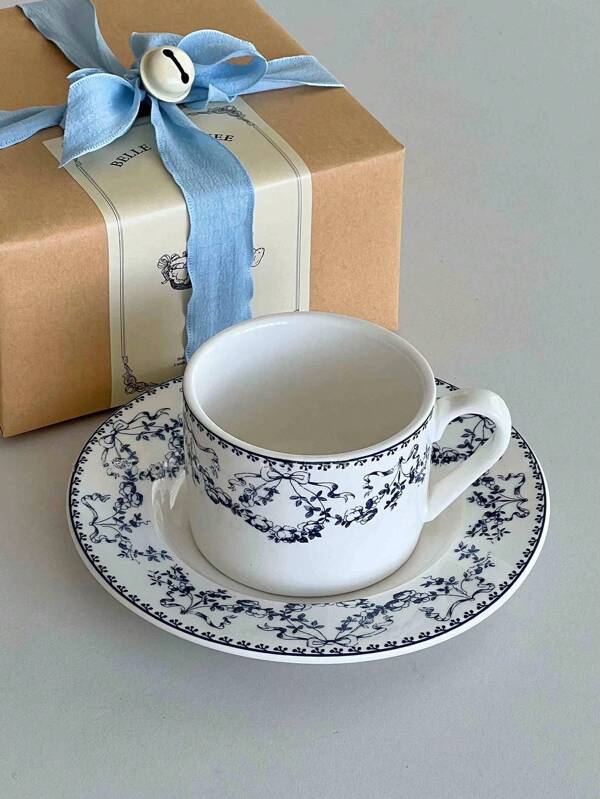 1 conjunto de xícaras e pires de café de cerâmica de 200 ml, caneca de café da manhã azul vintage com estampa floral, xícara de chá estilo retrô de alta qualidade, adequada para leite, suco, sobremesa, café, uso diário, cozinha, escritório, presente de inauguração de casa