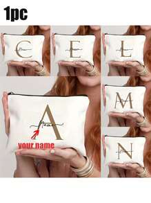 1pc Personalized Name Makeup Bag, Simple Flower Letter Pattern A-Z Custom Gift Bag, Toiletry Bag, Women'S Wallet, Unisex, Cute, Unique Customized Bridesmaid Gift, Winter Fashion, Christmas/Valentine'S Day Gift, Travel Bag Ideal Gift For Family, Friends, Girlfriend Anniversary - Beige - View 2