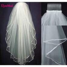 White Ivory 2 Layers Wedding Bridal Veil Elbow Length With Comb 2025 - Red and White - View 7
