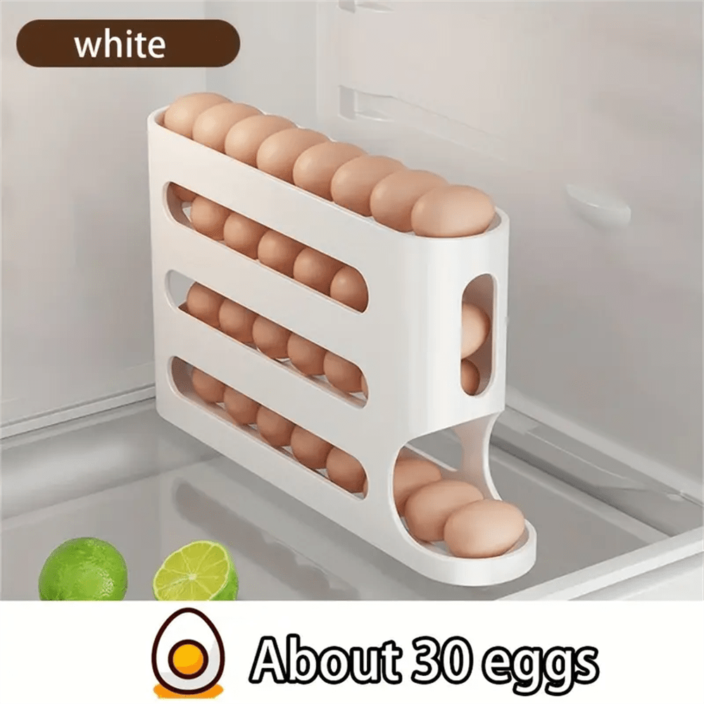 SOKANY Caja de almacenamiento de huevos de 4 capas de gran capacidad, caja de almacenamiento de huevos para puerta lateral del refrigerador, caja de conservación de frescura de huevos rodantes, estante de huevos para refrigerador. Hecho de material PP de muy buena calidad. Adecuado para almacenamiento en el refrigerador, ahorro de espacio y una herramienta esencial de conservación de frescura para la cocina.