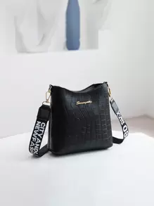 1pc Alligator Pattern Bucket Bag, Wide Strap Crossbody Bag, Mini Diagonal Shoulder Handbag Wallet For Women, Daily, Date, Travel - Black - View 5