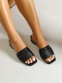 黑色方头系带粗跟凉鞋，休闲又时尚 - 黑色 - 查看 5