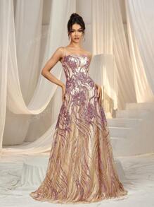 Faeriesty Gorgeous Elegant Gradient Floral Sequin Formal Party Dress With Back-Tied Strap & Floor-Length Hem | Luxury Evening Dress For Weddings, Galas, And Cannes Parties