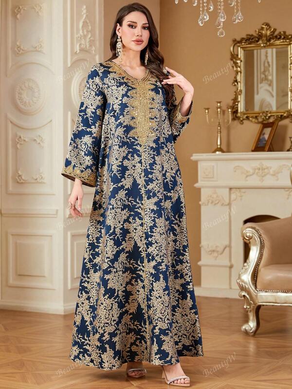 Vestido casual elegante de fiesta con escote en V bordado de estilo árabe de jacquard