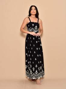 Long Dress With Printed Viscose Lastex Straps On The Back - Black - View 2