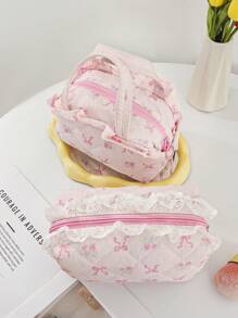 1Pc Pink Bow Knot And Floral Pattern Quilted Multifunctional Cosmetic Organizer Handbag Bath Shower Wallet Pouch Portable Cosmetics Brush Storage Clutch With Zipper Closure For Lipstick, Brush, Skincare, Mobile Phone, Coin, Small Items, For Home, Travel, Vacation And School Use,Makeup Bag Makeup Travel Essentials Travel Accessories Travel Must Haves
